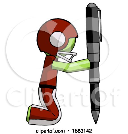 Green Football Player Man Posing with Giant Pen in Powerful yet Awkward Manner. by Leo Blanchette