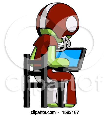 Green Football Player Man Using Laptop Computer While Sitting in Chair View from Back by Leo Blanchette