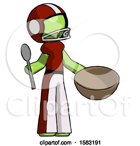 Green Football Player Man with Empty Bowl and Spoon Ready to Make Something by Leo Blanchette