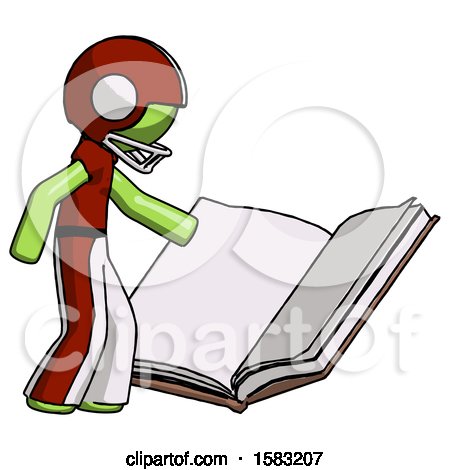 Green Football Player Man Reading Big Book While Standing Beside It by Leo Blanchette