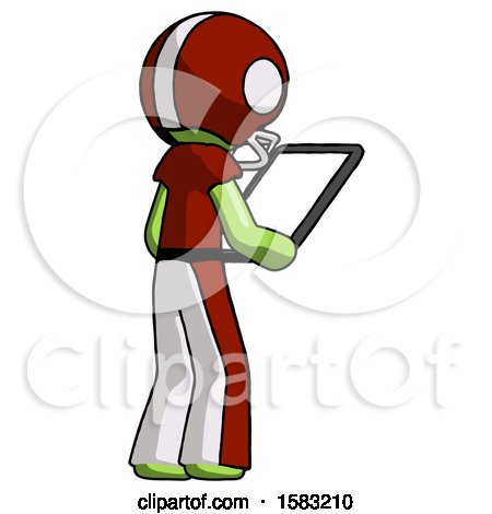 Green Football Player Man Looking at Tablet Device Computer Facing Away by Leo Blanchette