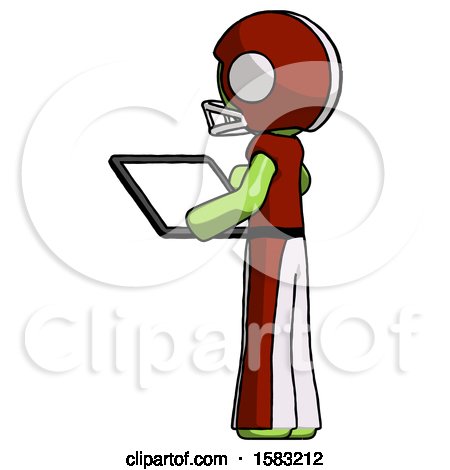 Green Football Player Man Looking at Tablet Device Computer with Back to Viewer by Leo Blanchette