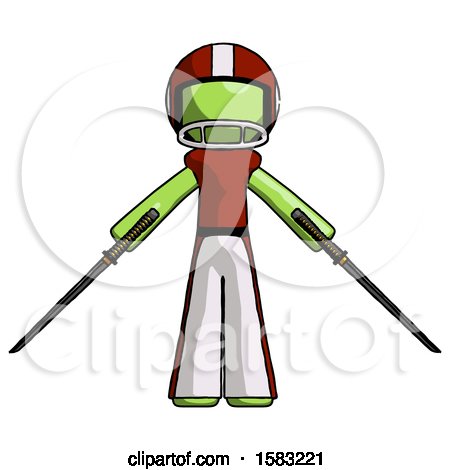 Green Football Player Man Posing with Two Ninja Sword Katanas by Leo Blanchette