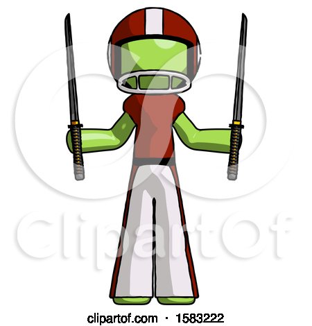 Green Football Player Man Posing with Two Ninja Sword Katanas up by Leo Blanchette