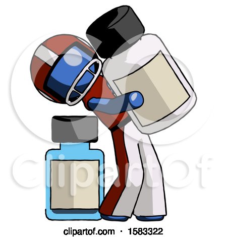 Blue Football Player Man Holding Large White Medicine Bottle with Bottle in Background by Leo Blanchette