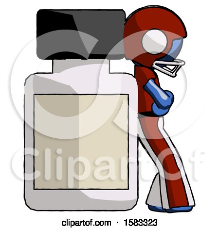 Blue Football Player Man Leaning Against Large Medicine Bottle by Leo Blanchette