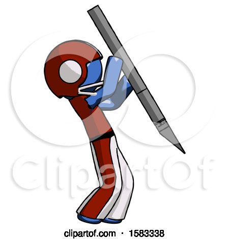 Blue Football Player Man Stabbing or Cutting with Scalpel by Leo Blanchette