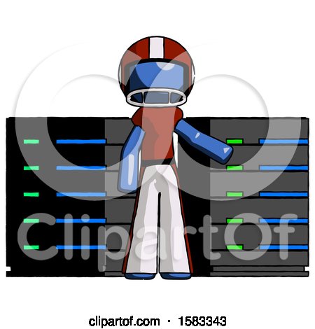 Blue Football Player Man with Server Racks, in Front of Two Networked Systems by Leo Blanchette