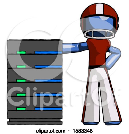 Blue Football Player Man with Server Rack Leaning Confidently Against It by Leo Blanchette