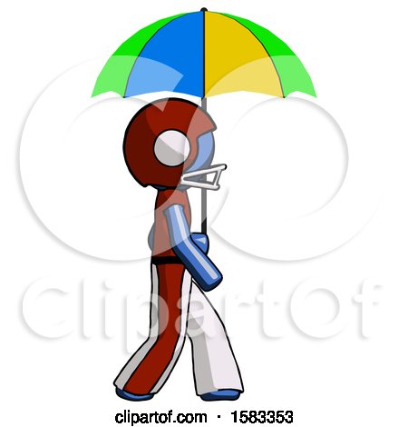 Blue Football Player Man Walking with Colored Umbrella by Leo Blanchette