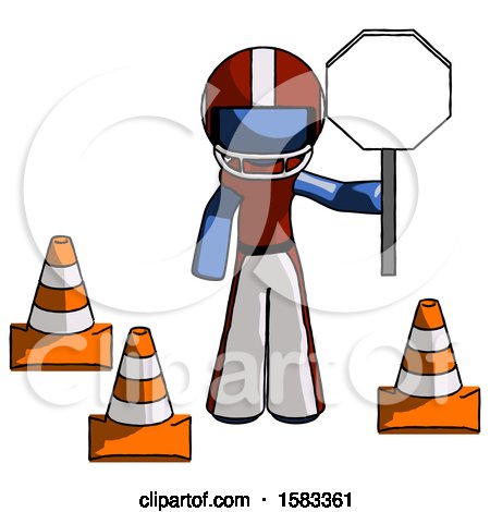 Blue Football Player Man Holding Stop Sign by Traffic Cones Under Construction Concept by Leo Blanchette