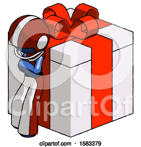 Blue Football Player Man Leaning on Gift with Red Bow Angle View by Leo Blanchette