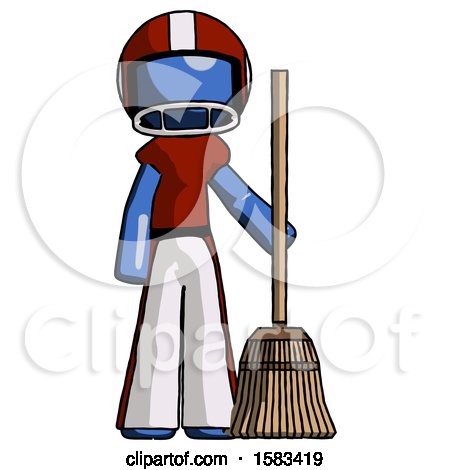 Blue Football Player Man Standing with Broom Cleaning Services by Leo Blanchette