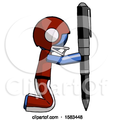 Blue Football Player Man Posing with Giant Pen in Powerful yet Awkward Manner. by Leo Blanchette