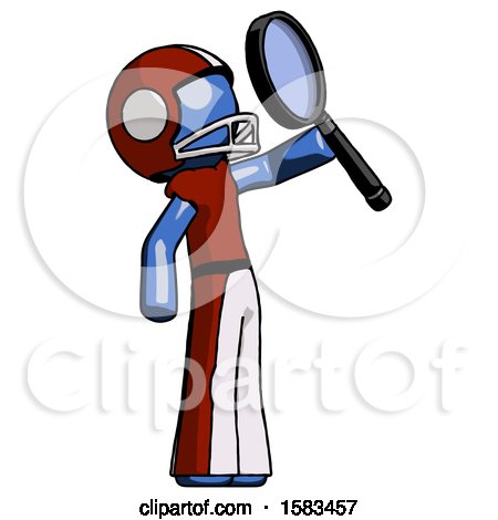 Blue Football Player Man Inspecting with Large Magnifying Glass Facing up by Leo Blanchette