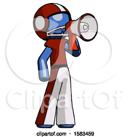 Blue Football Player Man Shouting into Megaphone Bullhorn Facing Right by Leo Blanchette