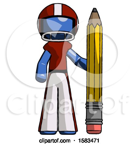 Blue Football Player Man with Large Pencil Standing Ready to Write by Leo Blanchette