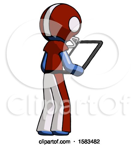 Blue Football Player Man Looking at Tablet Device Computer Facing Away by Leo Blanchette