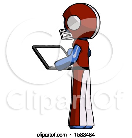 Blue Football Player Man Looking at Tablet Device Computer with Back to Viewer by Leo Blanchette