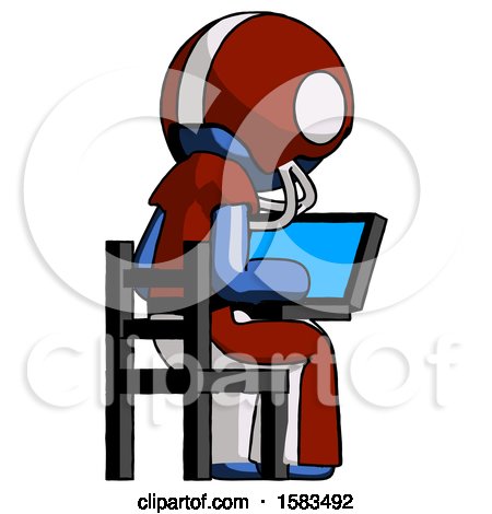 Blue Football Player Man Using Laptop Computer While Sitting in Chair View from Back by Leo Blanchette