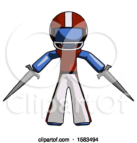 Blue Football Player Man Two Sword Defense Pose by Leo Blanchette