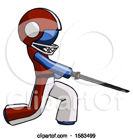 Blue Football Player Man with Ninja Sword Katana Slicing or Striking Something by Leo Blanchette