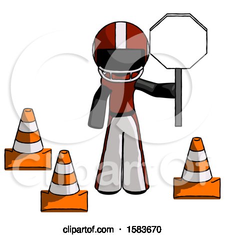 Black Football Player Man Holding Stop Sign by Traffic Cones Under Construction Concept by Leo Blanchette