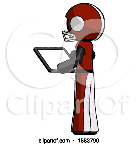 Black Football Player Man Looking at Tablet Device Computer with Back to Viewer by Leo Blanchette