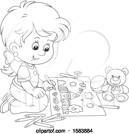 Clipart of a Lineart Girl Coloring - Royalty Free Vector Illustration by Alex Bannykh