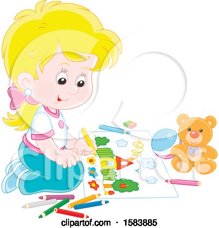 Clipart of a Blond Caucasian Girl Coloring - Royalty Free Vector Illustration by Alex Bannykh