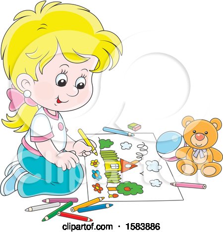 Clipart of a Blond White Girl Coloring - Royalty Free Vector Illustration by Alex Bannykh