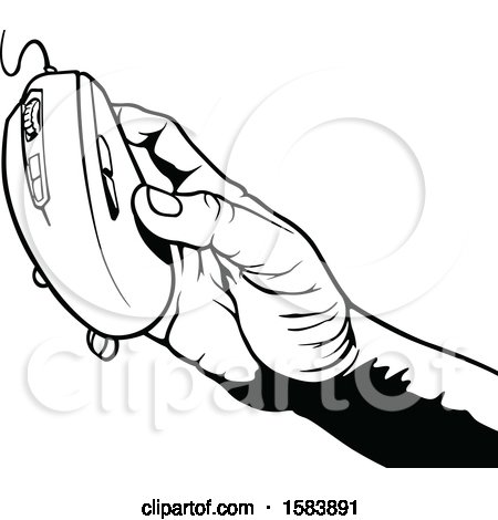 Clipart of a Black and White Hand Holding a Computer Mouse - Royalty Free Vector Illustration by dero