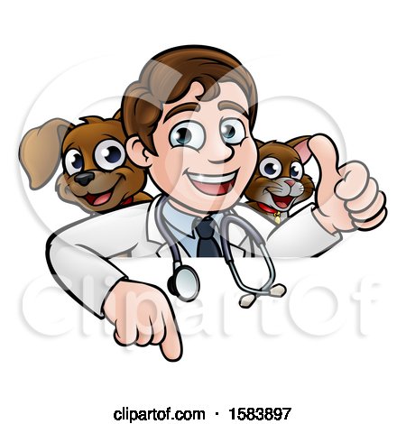 Clipart of a Cartoon Happy May Veterinarian with a Dog and Cat over a Sign - Royalty Free Vector Illustration by AtStockIllustration
