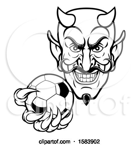 Clipart of a Black and White Grinning Evil Devil Holding out a Soccer Ball in a Clawed Hand - Royalty Free Vector Illustration by AtStockIllustration