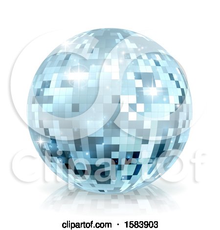 Clipart of a Sparkly Blue Disco Mirror Ball, on a Shaded White Background - Royalty Free Vector Illustration by AtStockIllustration