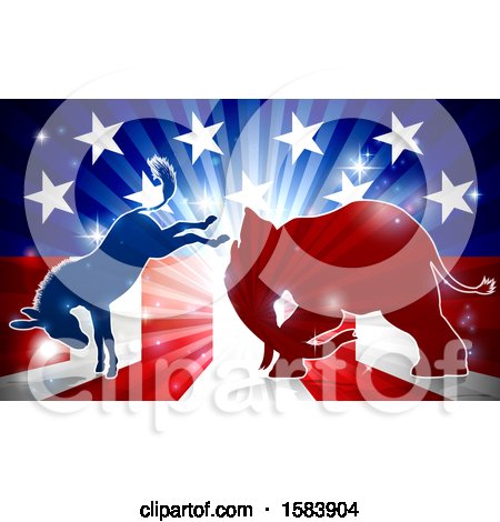 Clipart of a Silhouetted Political Democratic Donkey and Republican Elephant Fighting over an American Design and Burst - Royalty Free Vector Illustration by AtStockIllustration