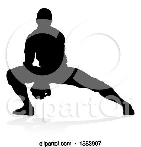 Clipart of a Black Silhouetted Baseball Player, with a Shadow, on a White Background - Royalty Free Vector Illustration by AtStockIllustration