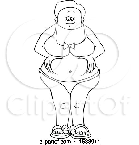 Clipart of a Cartoon Lineart Black Woman in a Bikini, Squeezing Her Belly Fat - Royalty Free Vector Illustration by djart