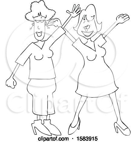 Clipart of Cartoon Lineart Women Waving and Welcoming - Royalty Free Vector Illustration by djart