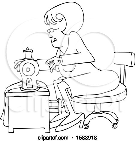Clipart of a Cartoon Lineart Seamstress Woman Sewing a Dress - Royalty Free Vector Illustration by djart