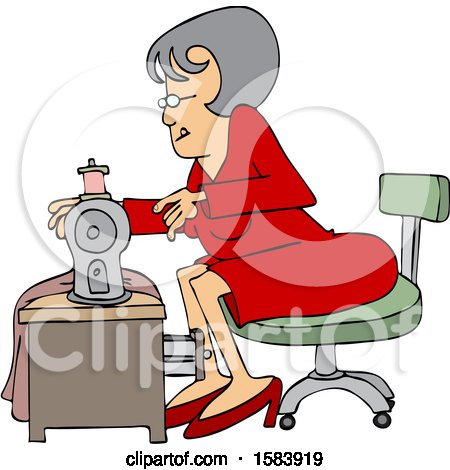 Clipart of a Cartoon Seamstress Woman Sewing a Dress - Royalty Free Vector Illustration by djart