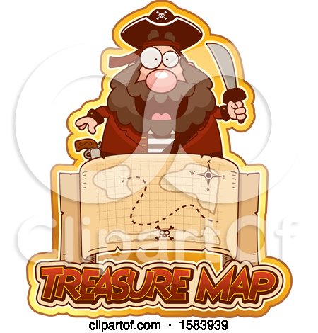 Clipart of a Pirate Holding a Sword over a Treasure Map and Text - Royalty Free Vector Illustration by Cory Thoman