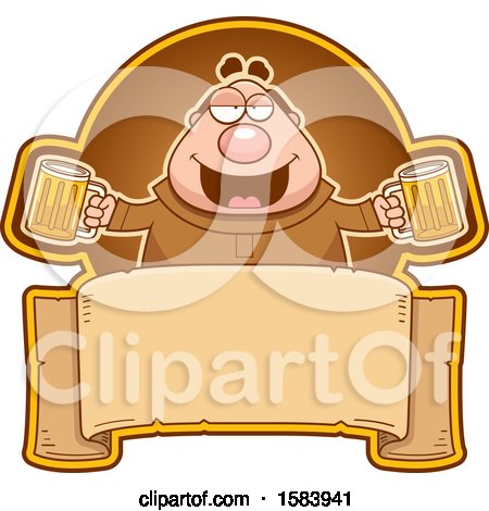 Clipart of a Drunk Monk Holding Beer Mugs over a Blank Banner - Royalty Free Vector Illustration by Cory Thoman