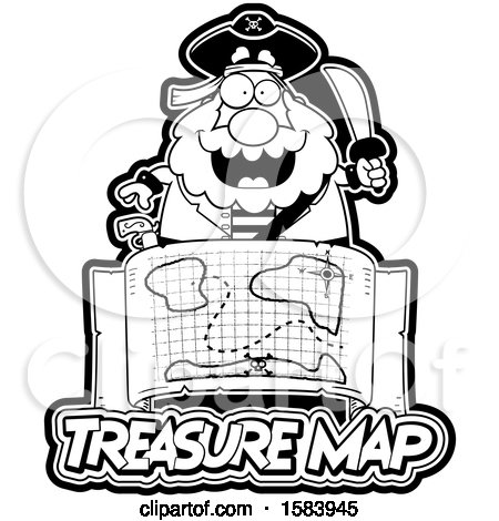 Clipart of a Black and White Pirate Holding a Sword over a Treasure Map and Text - Royalty Free Vector Illustration by Cory Thoman