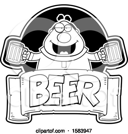 Clipart of a Black and White Drunk Monk Holding Beer Mugs over a Text Banner - Royalty Free Vector Illustration by Cory Thoman