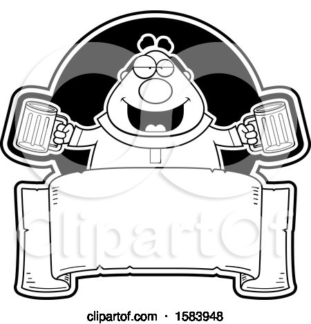 Clipart of a Black and White Drunk Monk Holding Beer Mugs over a Blank Banner - Royalty Free Vector Illustration by Cory Thoman