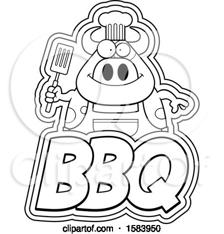 Clipart of a Lineart Grilling Chef Cow Holding a Spatula over Bbq Text - Royalty Free Vector Illustration by Cory Thoman