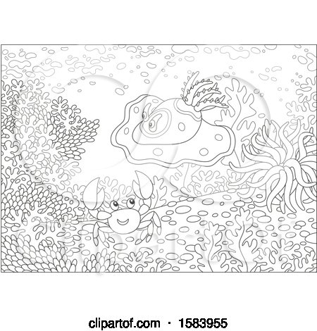 Clipart of a Lineart Crab and Sea Creature at a Reef - Royalty Free Vector Illustration by Alex Bannykh