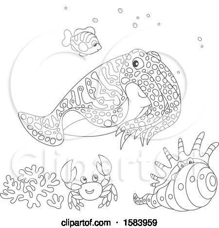 Clipart of a Lineart Group of Sea Creatures - Royalty Free Vector Illustration by Alex Bannykh