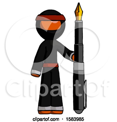 Orange Ninja Warrior Man Holding Giant Calligraphy Pen by Leo Blanchette